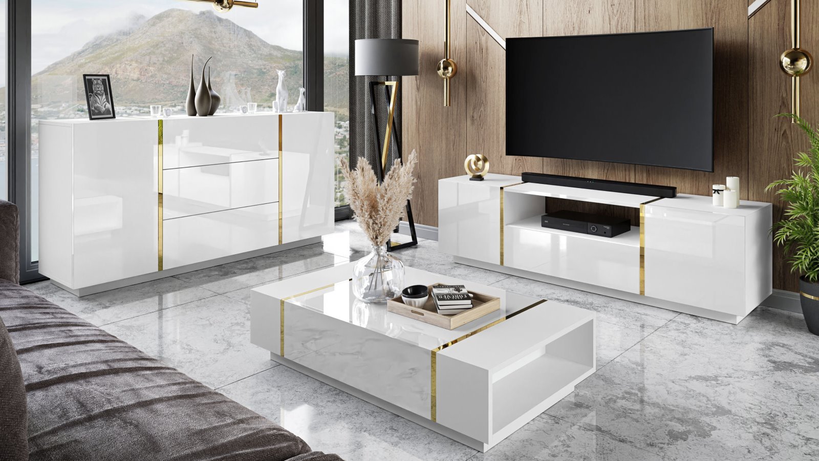 Meuble TV design Valmelia L150cm Or, Blanc et Effet marbre Blanc