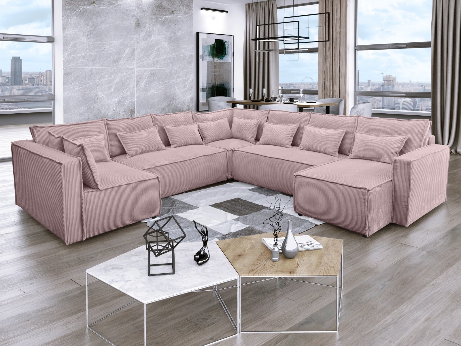 canape panoramique convertible velours cotele rose