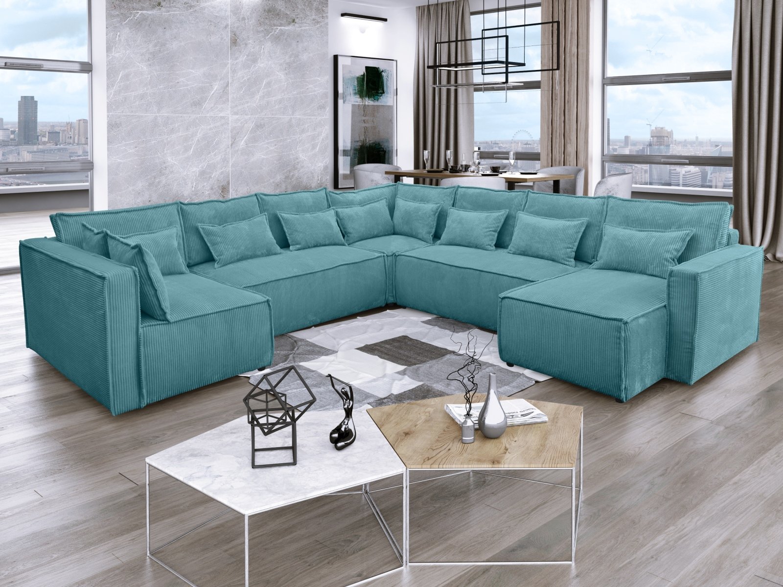 canape panoramique convertible velours cotele turquoise