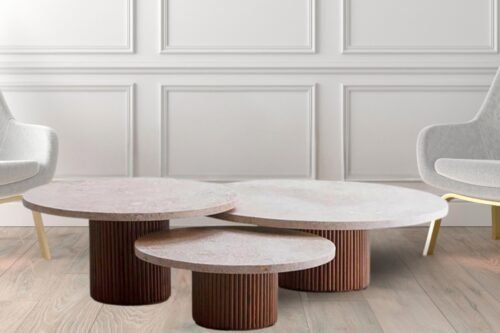 table basse ronde travertin et bois pierre naturelle design sofastyle