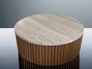 table basse ronde travertin et bois veritable