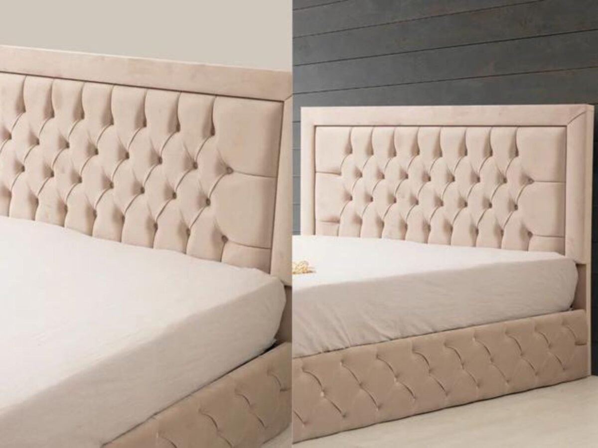 cadre de lit en velours capitonne avec sommier matelas beige