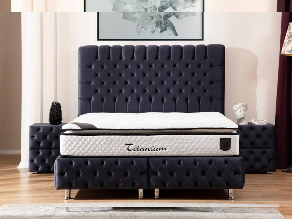 lit capitonne velours gris anthracite avec sommier matelas 160x200