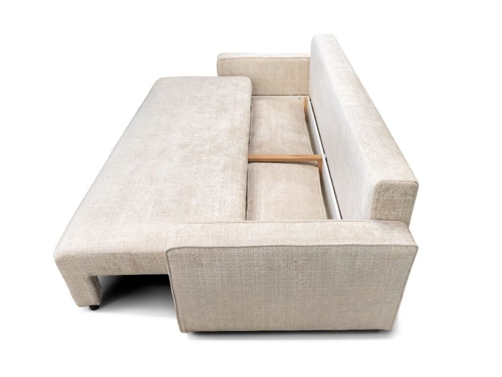 canape convertible en lit beige avec coffre rangement